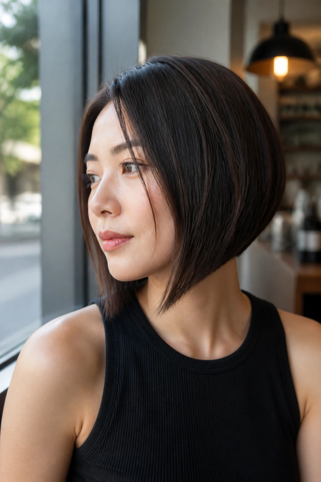 Portrait of a woman with an angled A-line bob and longer front pieces