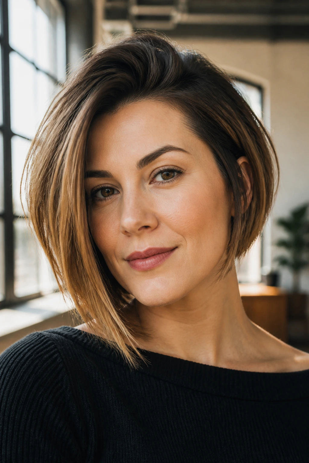 Close-up of a real woman with angled asymmetrical bob and lifted roots