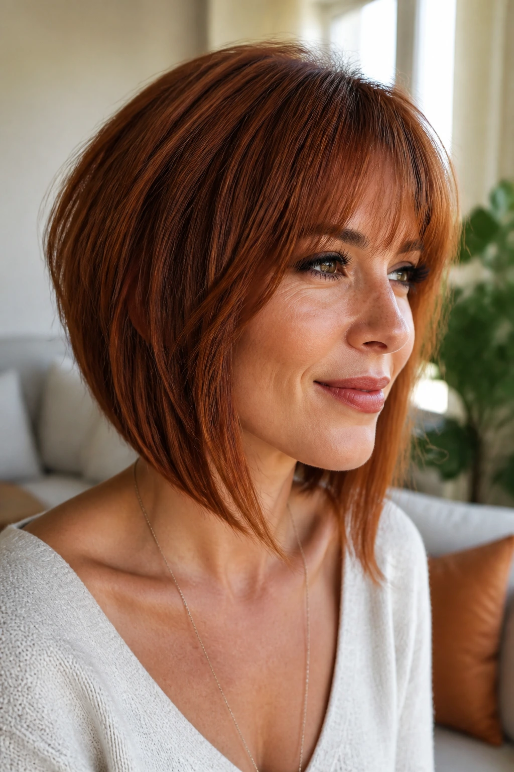 Close-up of a real woman with an angled auburn bob and wispy bangs.