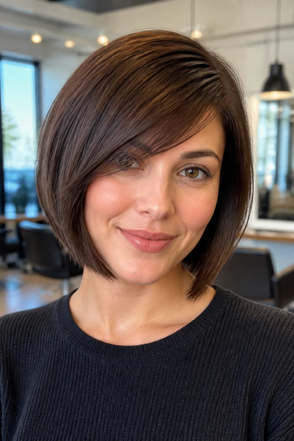 Portrait of a woman with an angled bangs and bob, side-lit in a bright salon.