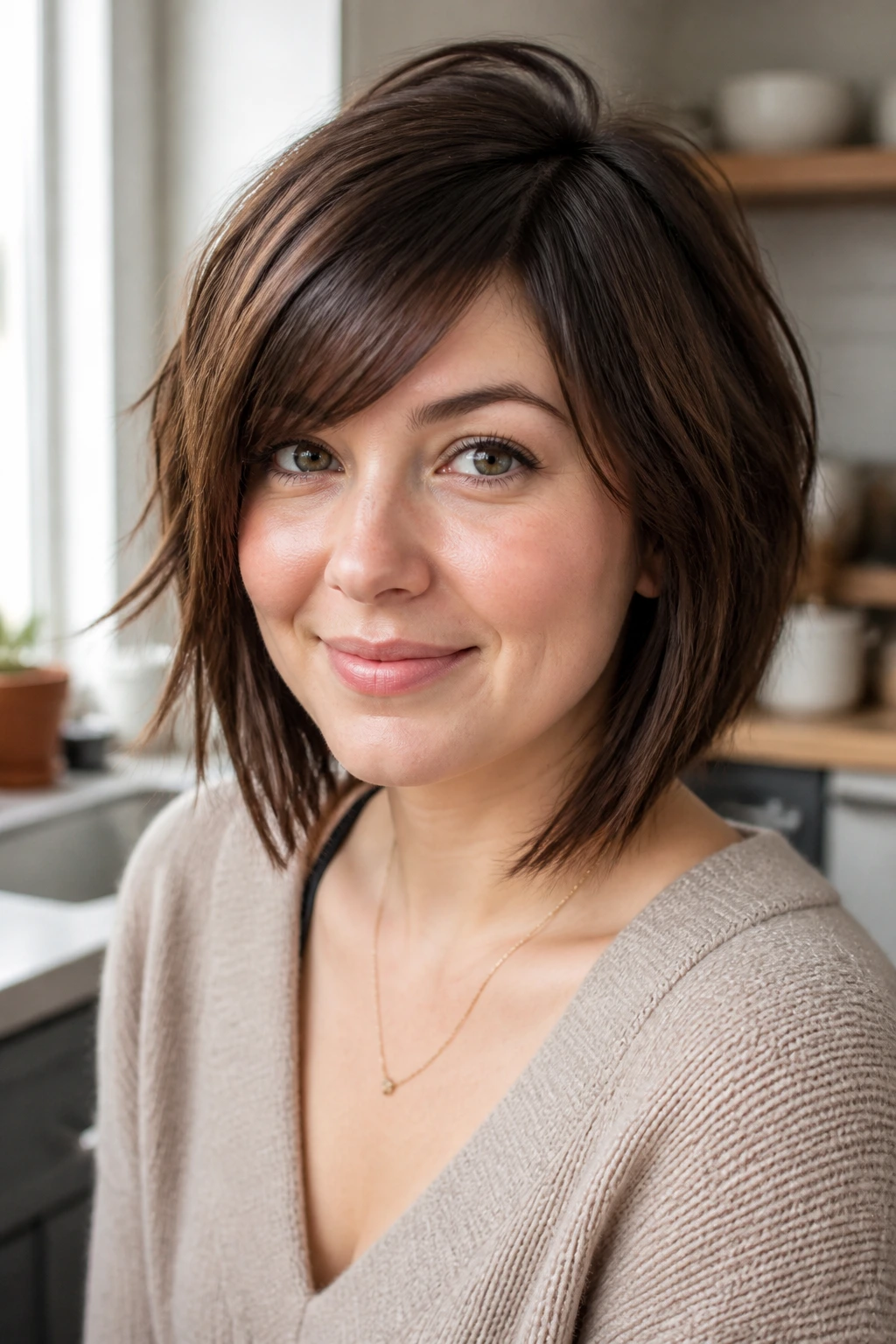 Real woman with angled bangs that work with a cowlick.