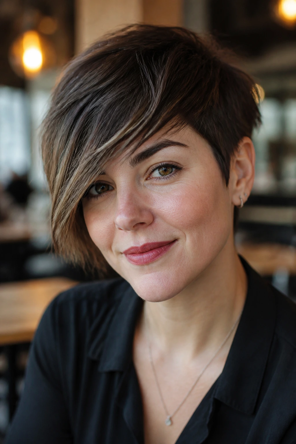 Portrait of a woman with long pixie and angled side bangs