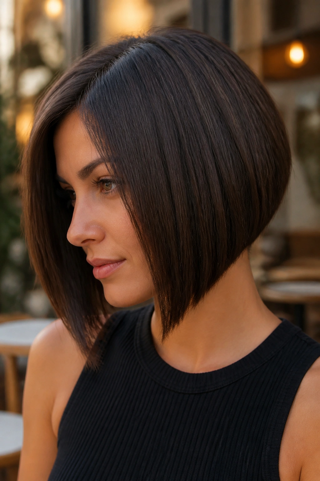 Close-up of a woman with angled blunt bob haircut