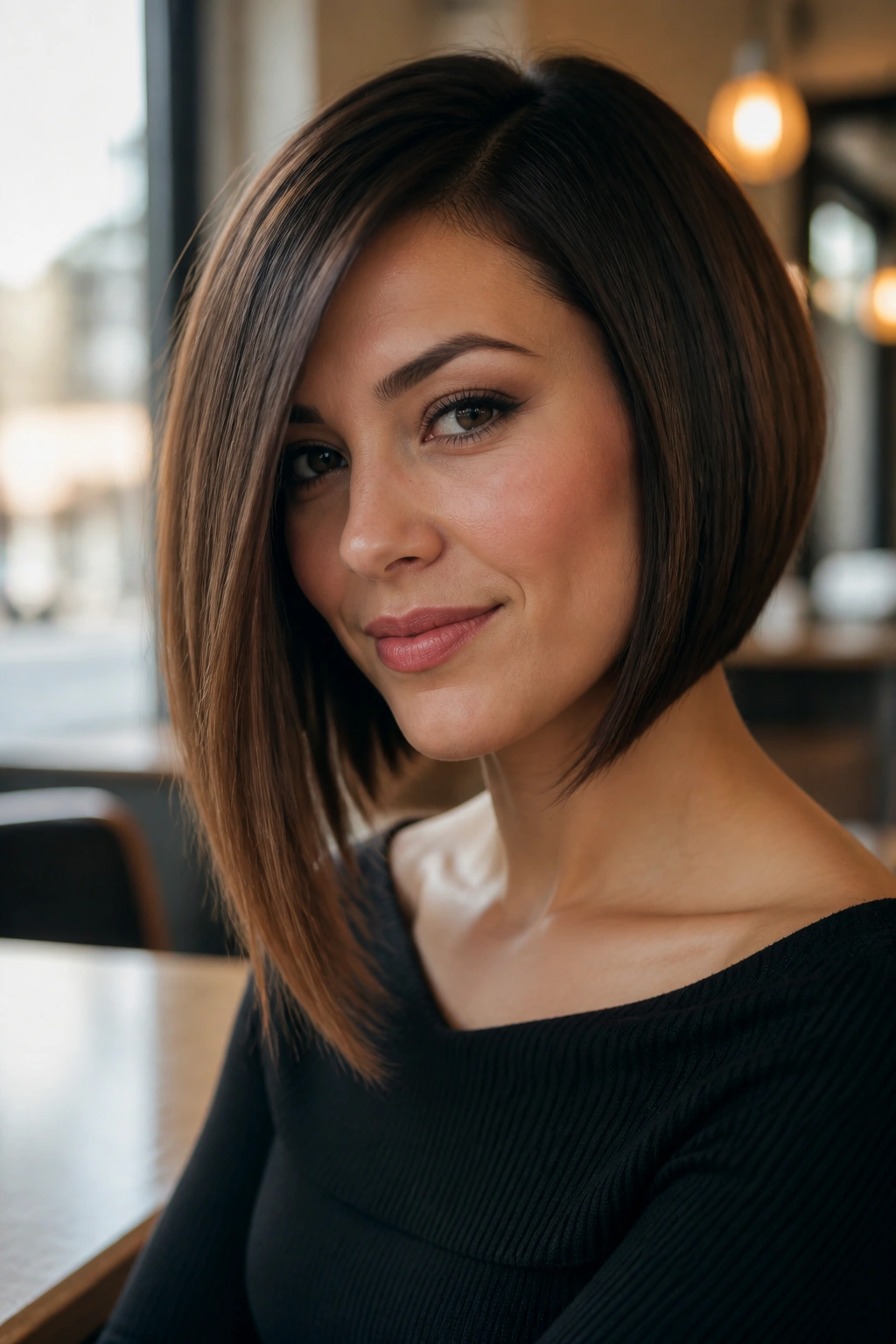 Real woman with angled bob and longer front pieces in a cafe setting