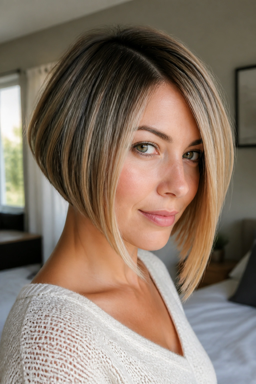 Portrait of a real woman with angled A-line bob and longer front pieces