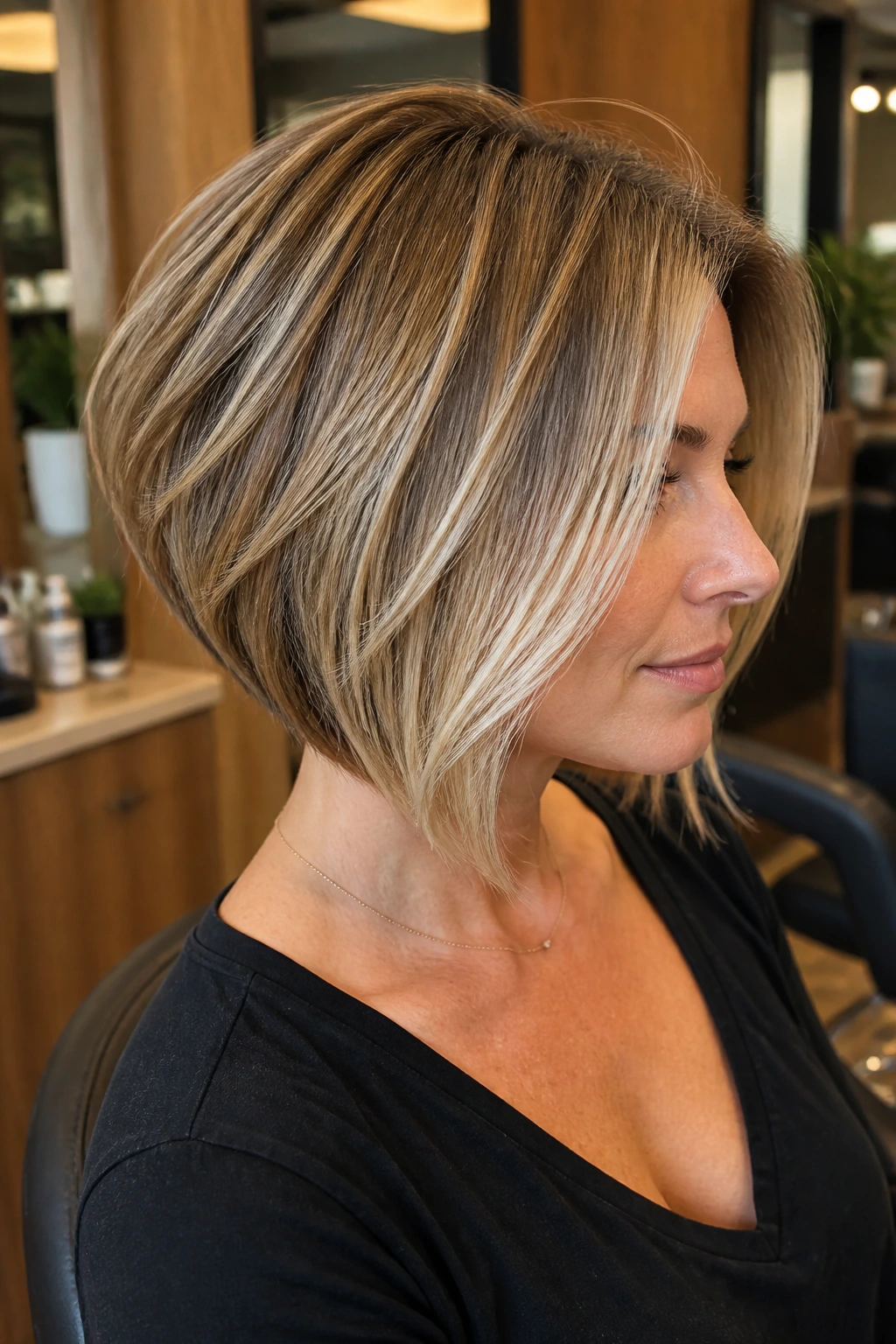 Close-up of a real woman with an angled back-stacked blonde bob in a chic salon