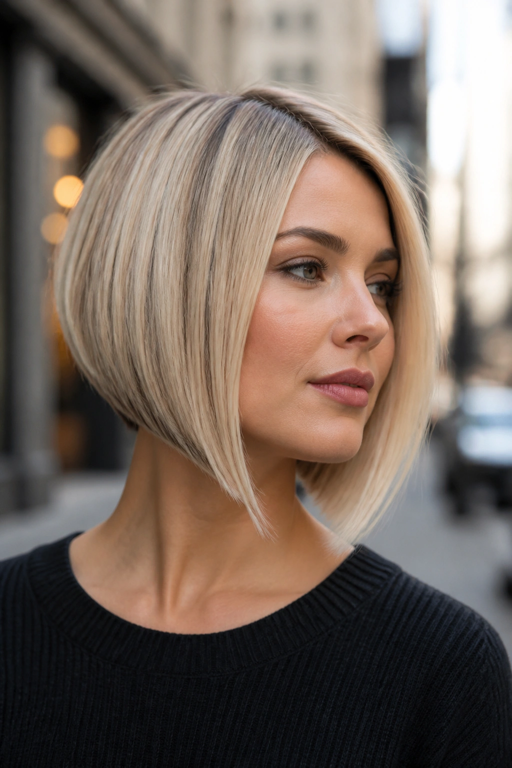 Portrait of a real woman with an angled bob hairstyle on a city sidewalk.