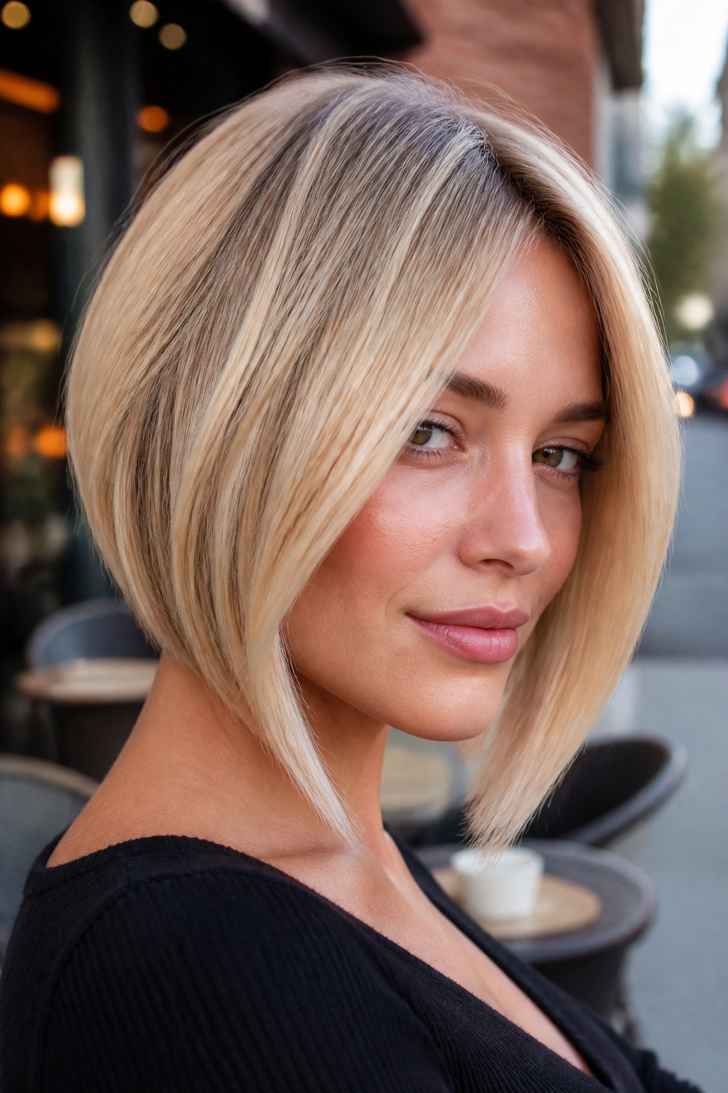 Real woman with angled champagne bob and longer front pieces in urban cafe setting
