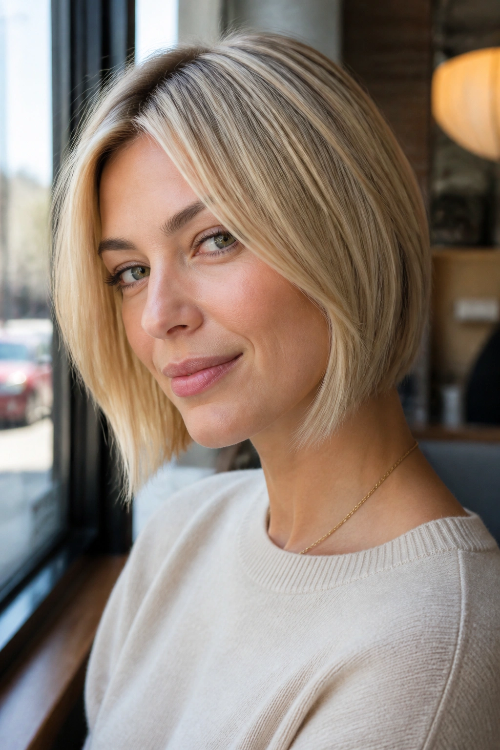 Portrait of a woman with an angled bob past the jawline in champagne blonde under natural light