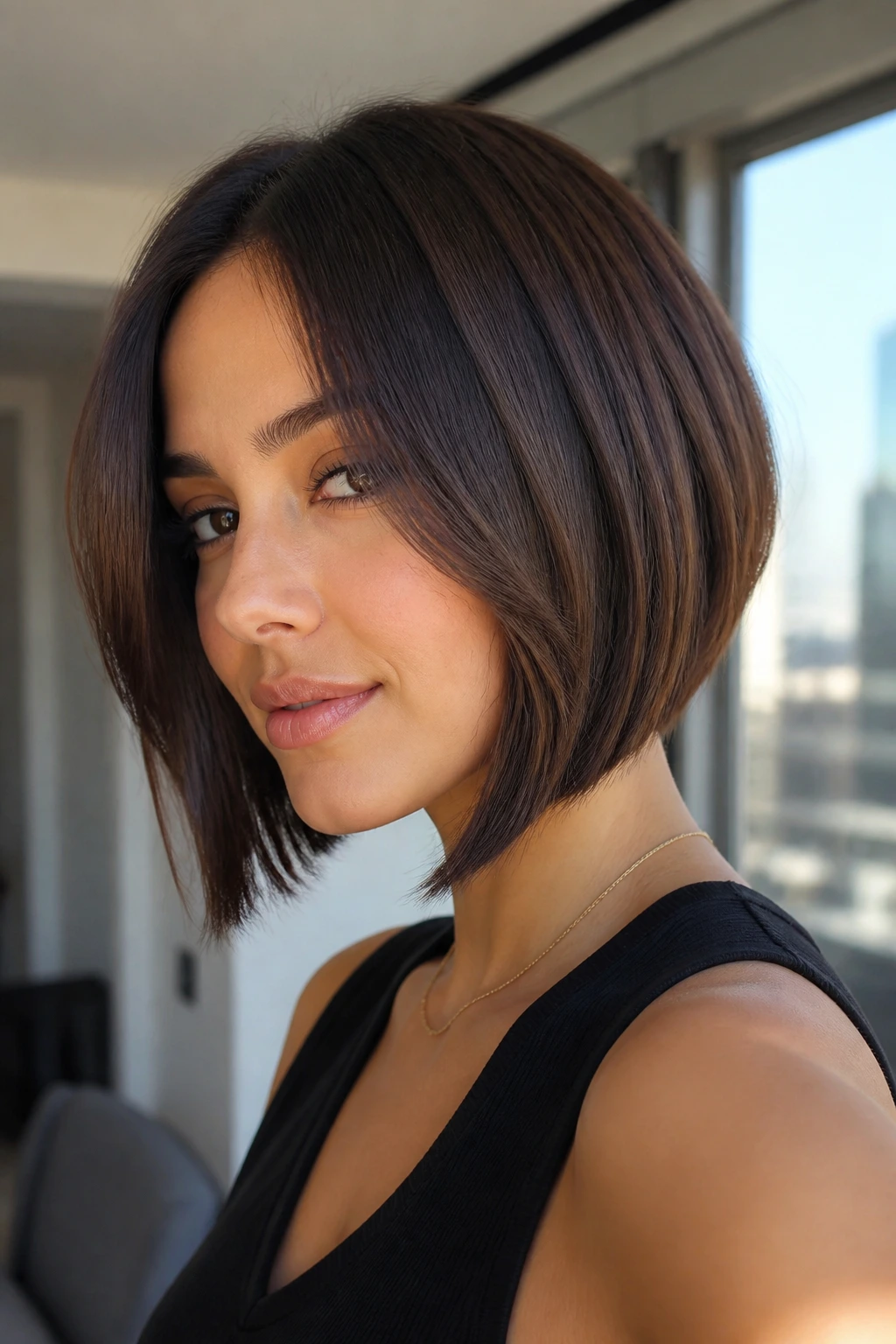 Close-up of a real person with angled bob and chin-framing front pieces