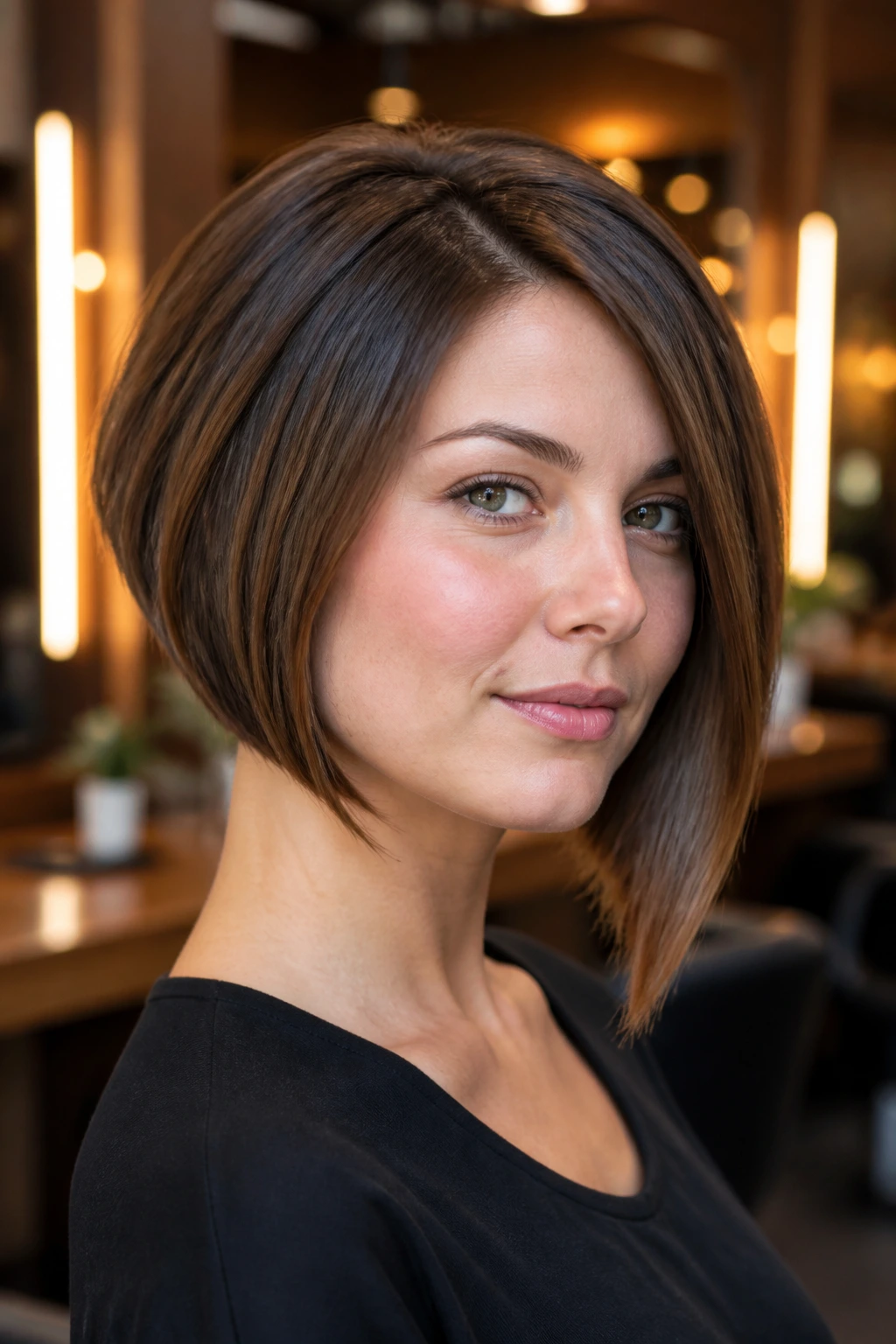Close-up of a woman with chin-length angled bob in salon lighting