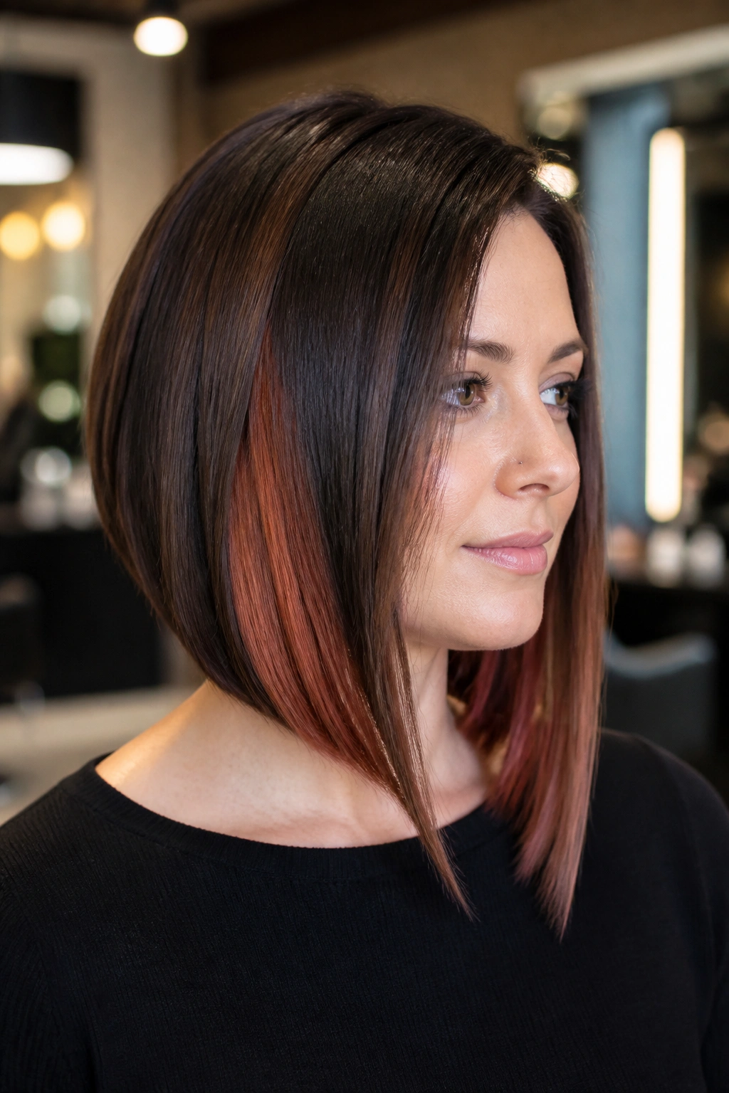 Close-up of a real woman with an angled bob and copper panels