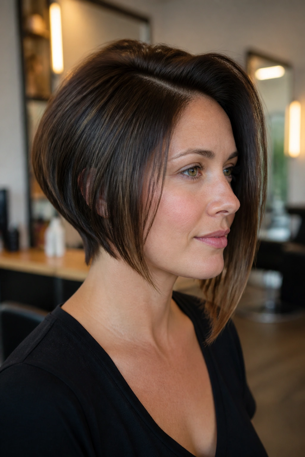 Portrait of a real woman with an angled bob and crown lift in a modern salon setting.