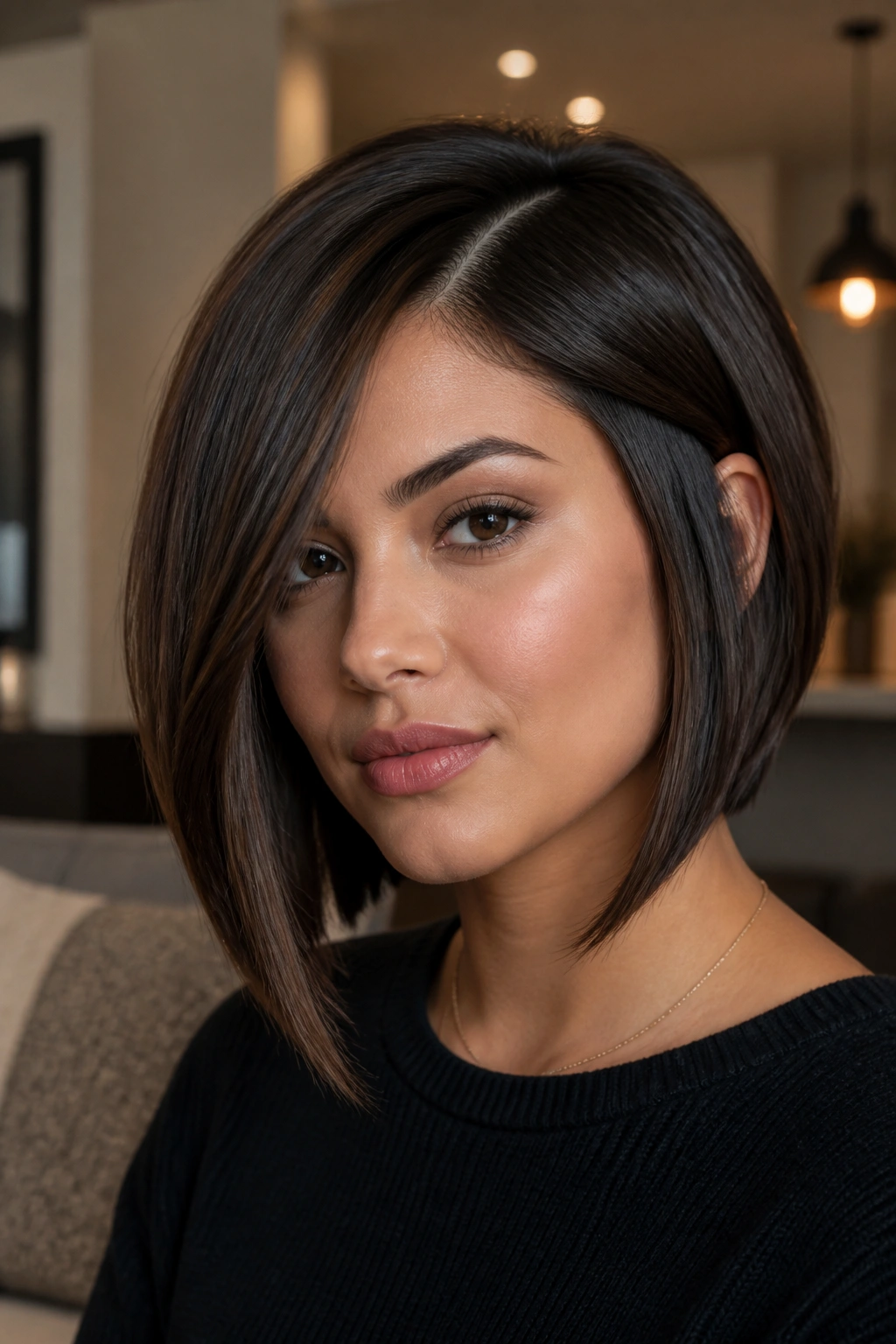 Close-up of a woman with angled bob and deep side part, warm indoor light.