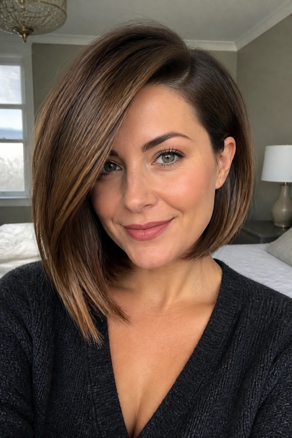 Close-up of a real woman with a deep side-parted angled bob.