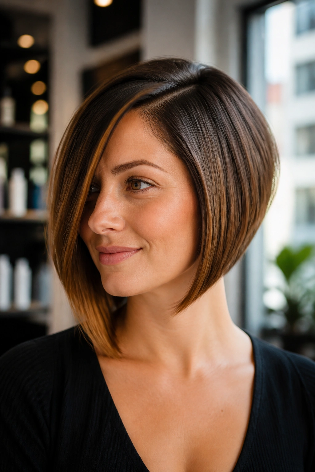 Close-up portrait of a real woman with a classic angled bob and deep side part