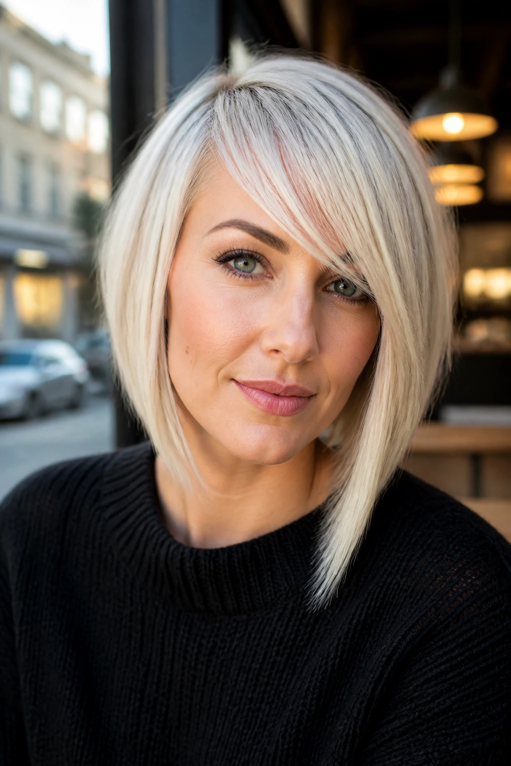 Close-up portrait of a real woman with angled bob and diagonal platinum fringe