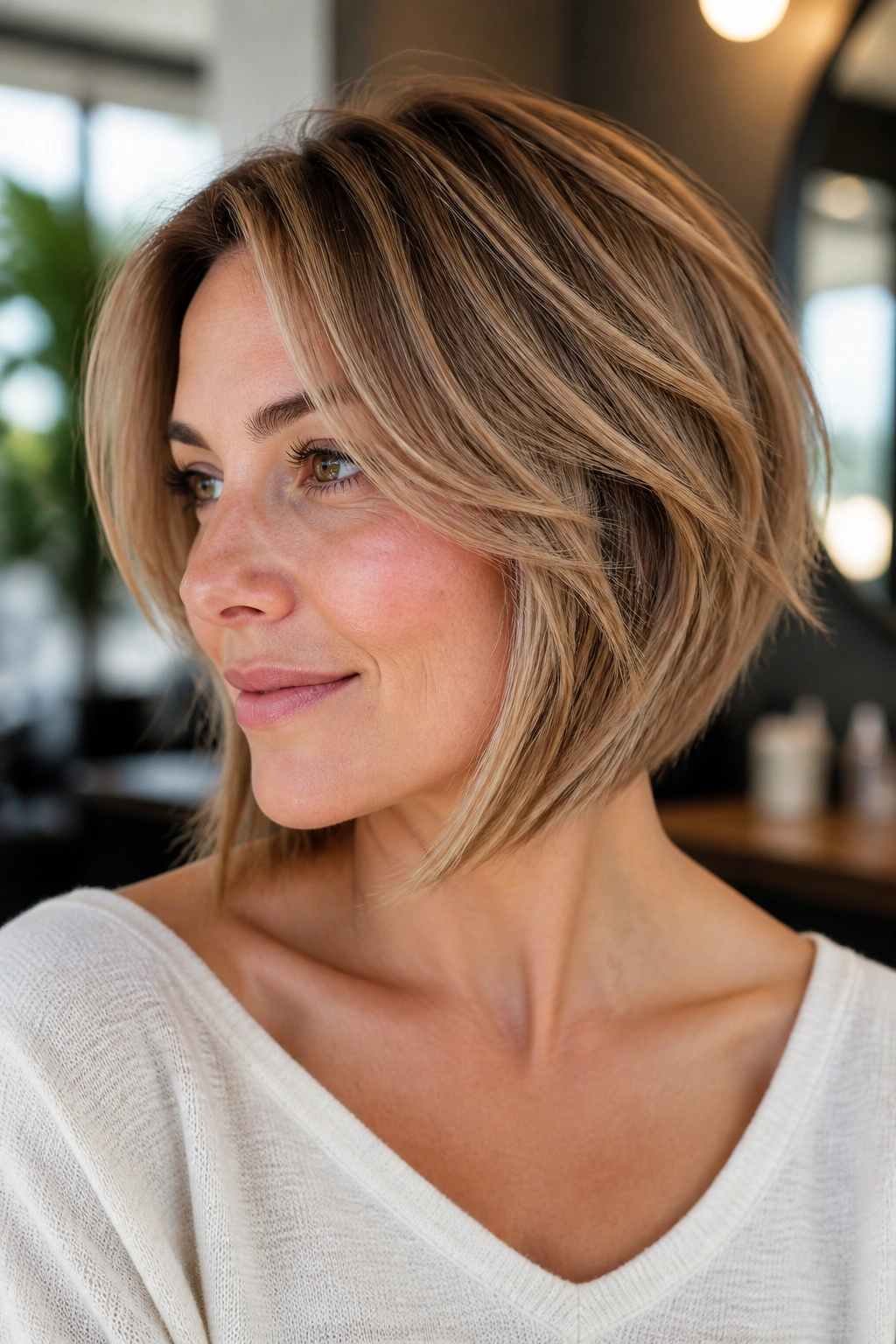 Close-up of a real woman with an angled bob and feathered sides in a salon