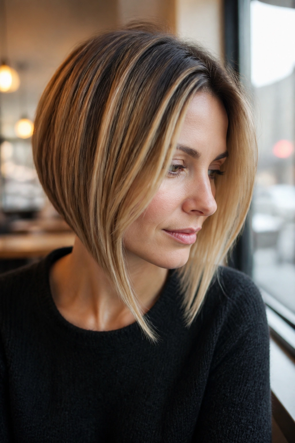 Real woman with angled bob leaning forward in cafe light