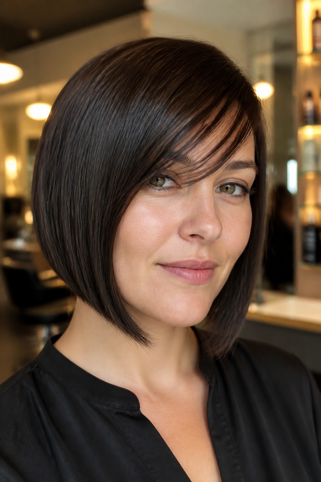 Close-up of a real person with a sleek angled bob and thin side fringe in a salon setting