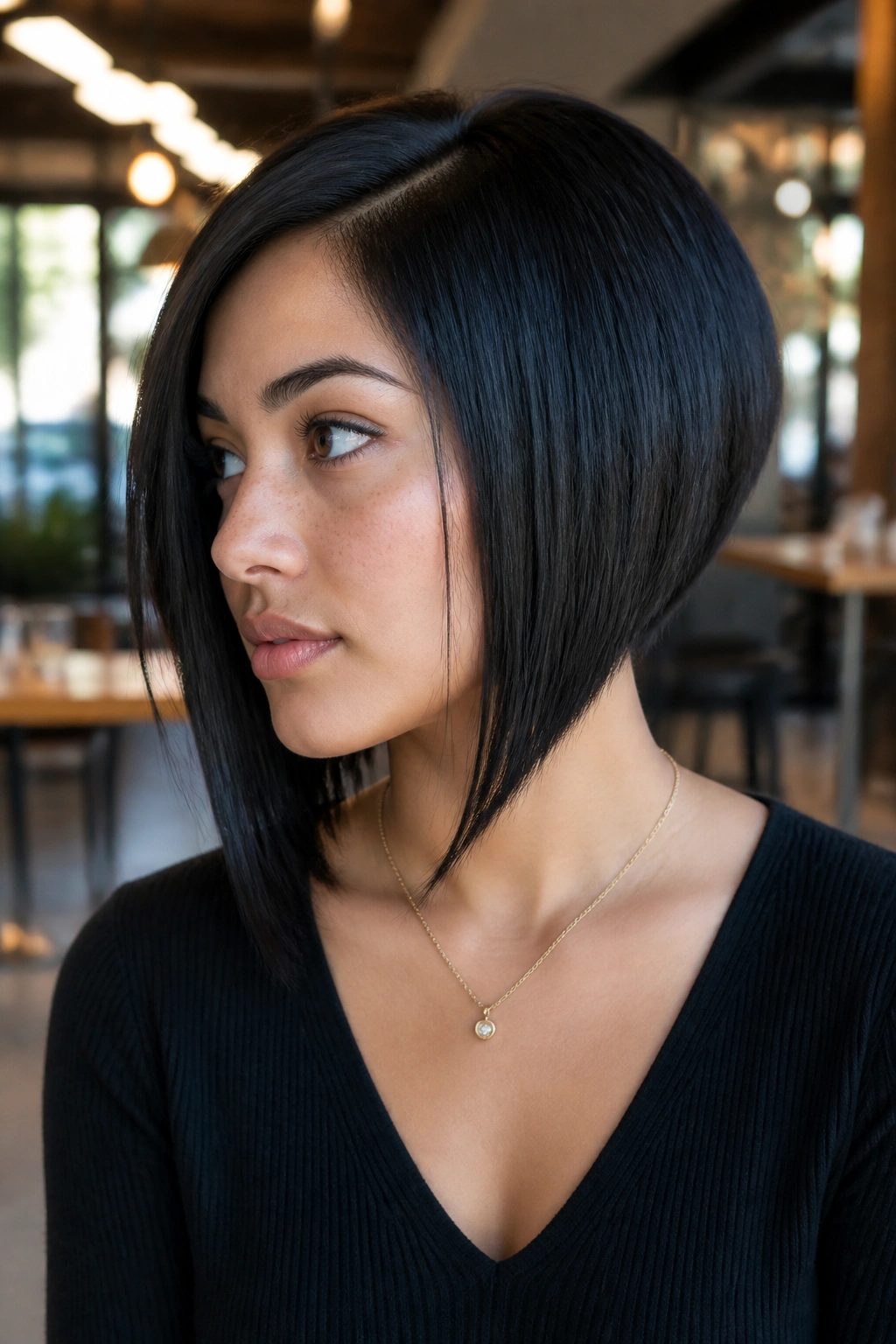 Portrait of a real woman with an angled bob and front pieces below the chin.