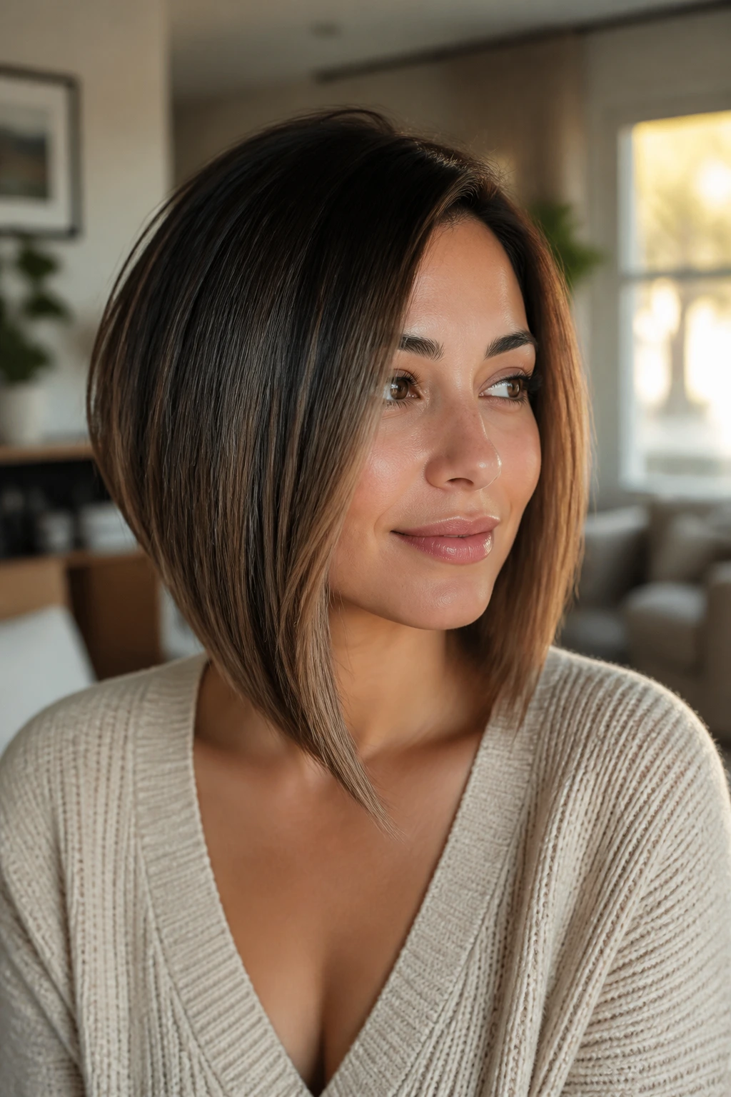 Close-up portrait of a real woman with an angled bob featuring longer front pieces.