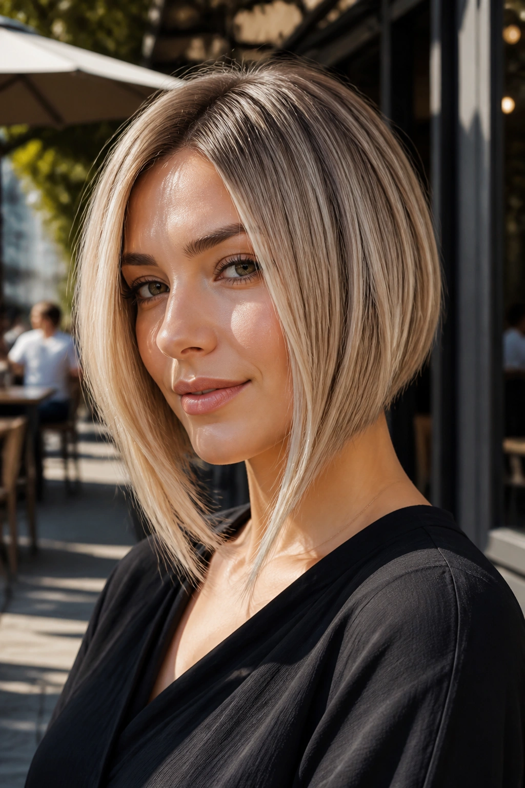 Close-up of a real woman with angled bob and longer front pieces