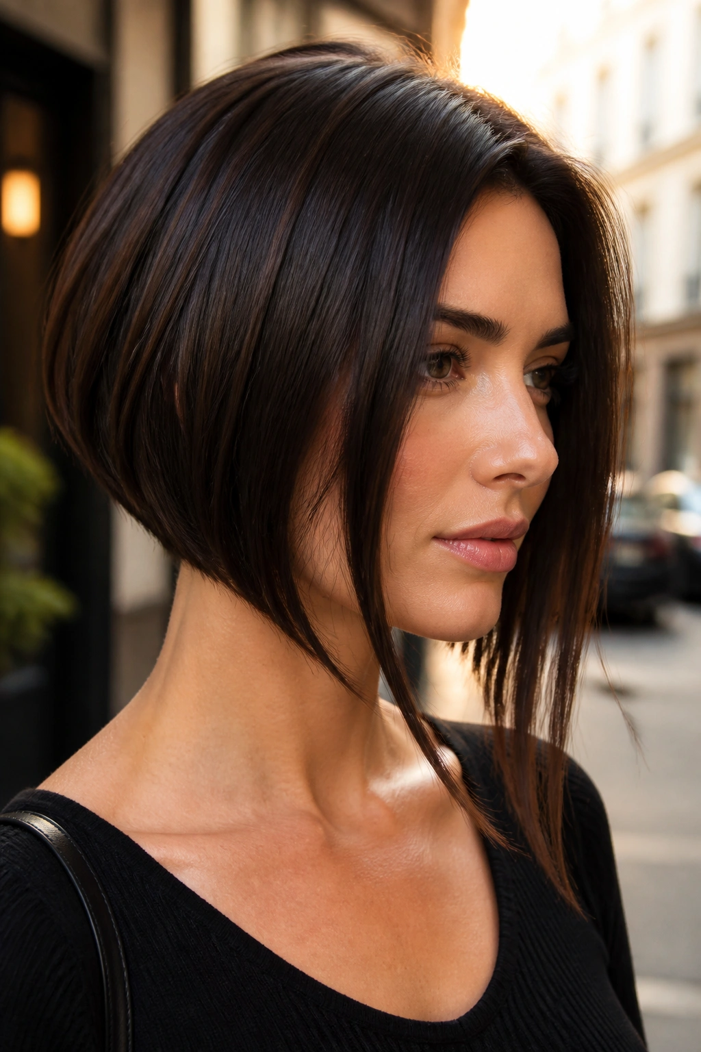 Real woman in angled bob with longer front pieces in mocha brunette.