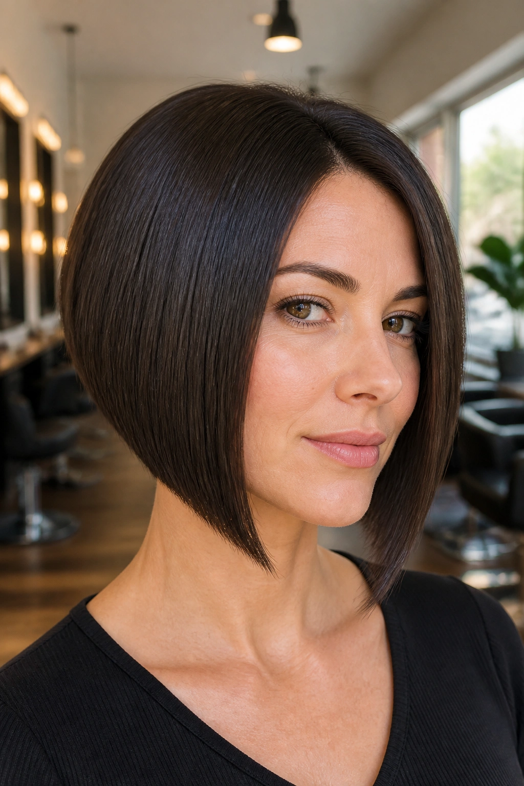 Close-up portrait of a real woman with an angled bob and jawline-grazing front piece.