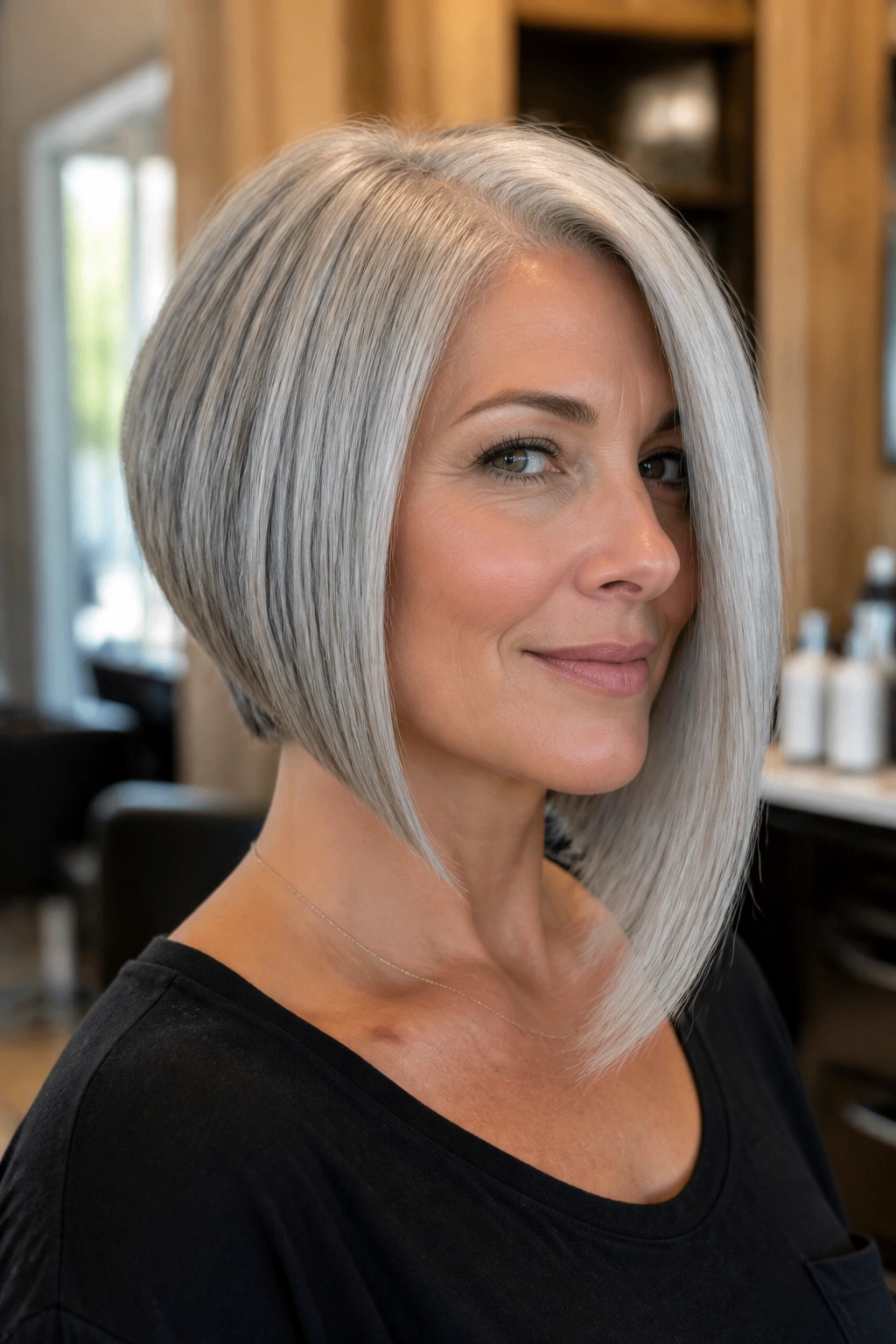 Close-up portrait of a real woman with a silver angled bob and longer front in a sunlit salon.