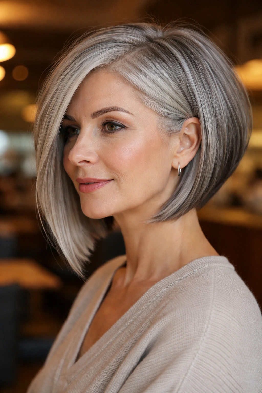 Close-up portrait of a woman with a sharp angled bob and grey hair in a cafe setting