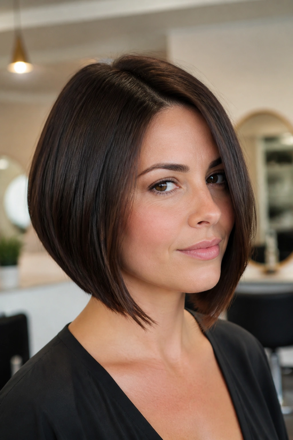 Real woman with a sharp angled bob and glossy ends
