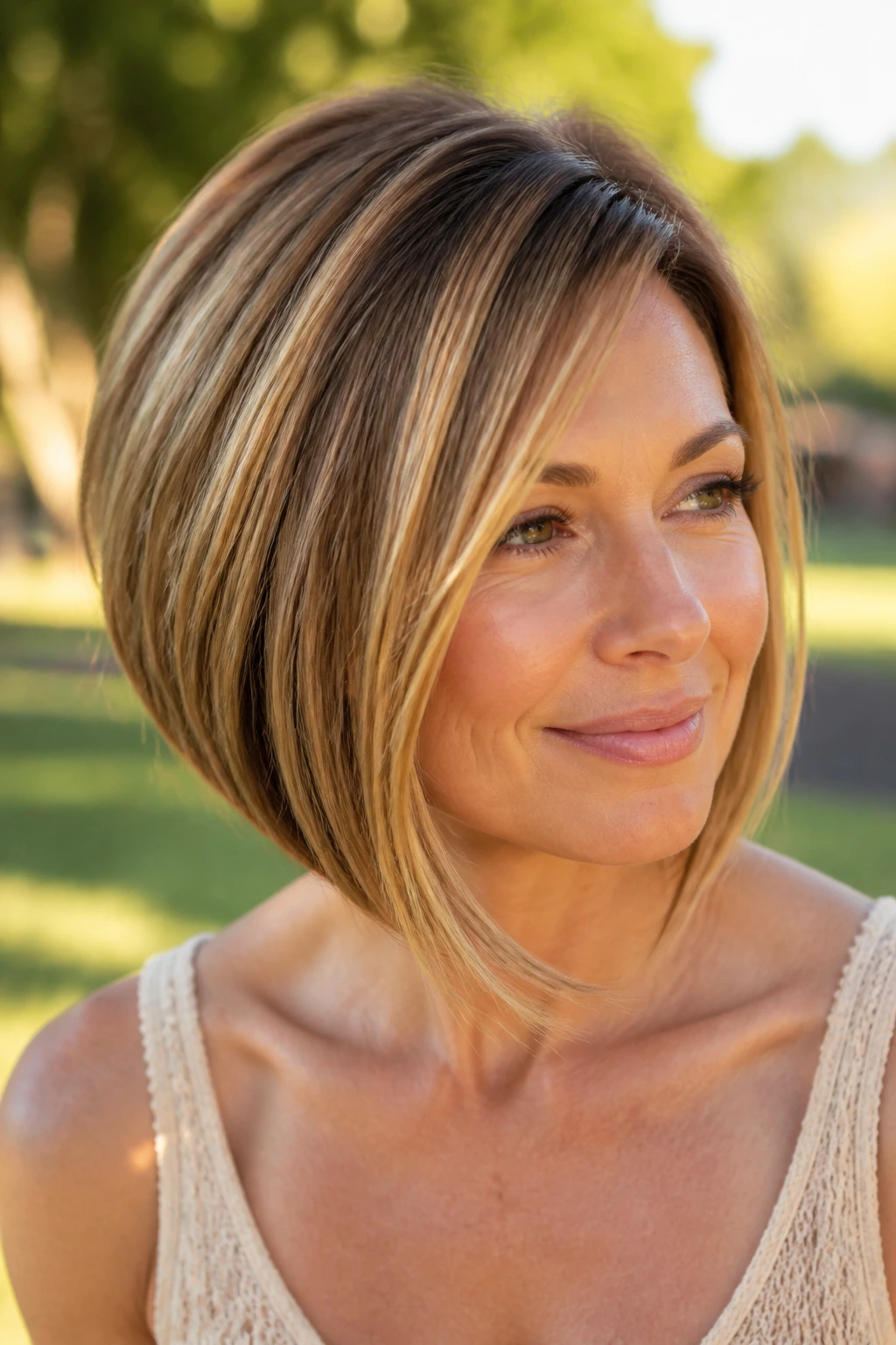 Real woman with angled bob featuring honey-toned ribbons in the hair