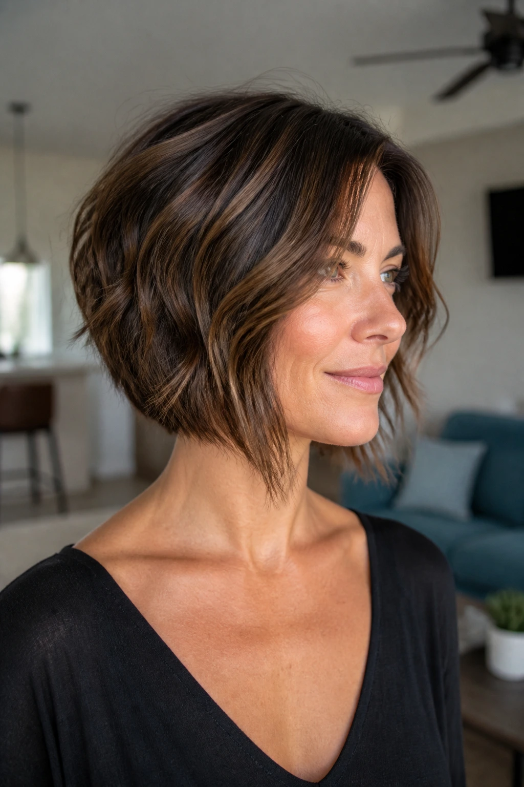 Portrait of a real woman wearing an angled bob with internal layers and a slight front bend.