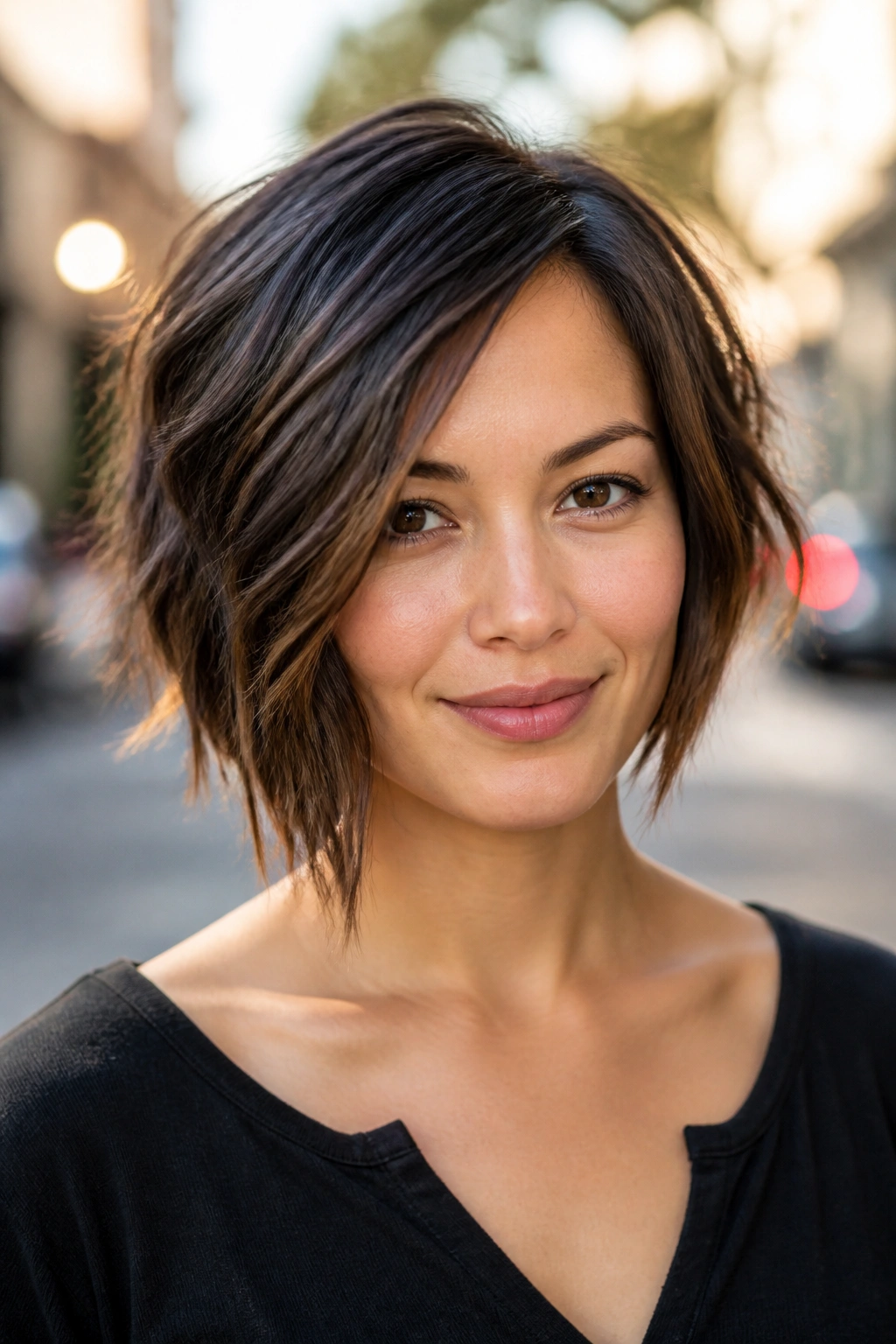 Close-up portrait of a real woman with angled bob and jagged ends