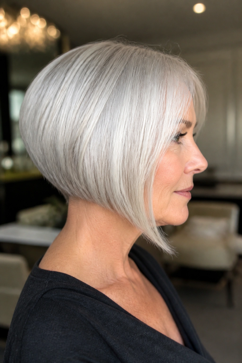 Profile portrait of a real woman wearing an angled bob