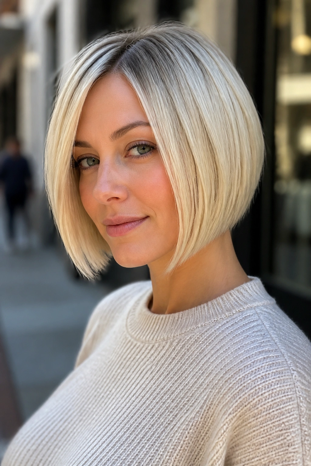 Close-up of a real woman with an angled jaw-skimming bob outdoors in daylight.