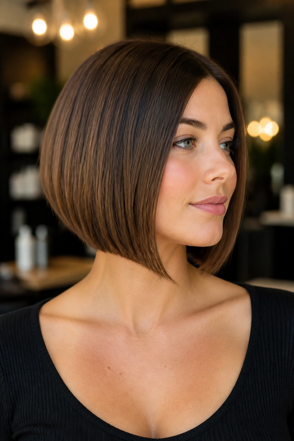 Medium close-up of woman with angled bob skimming the jawline in a warm salon setting