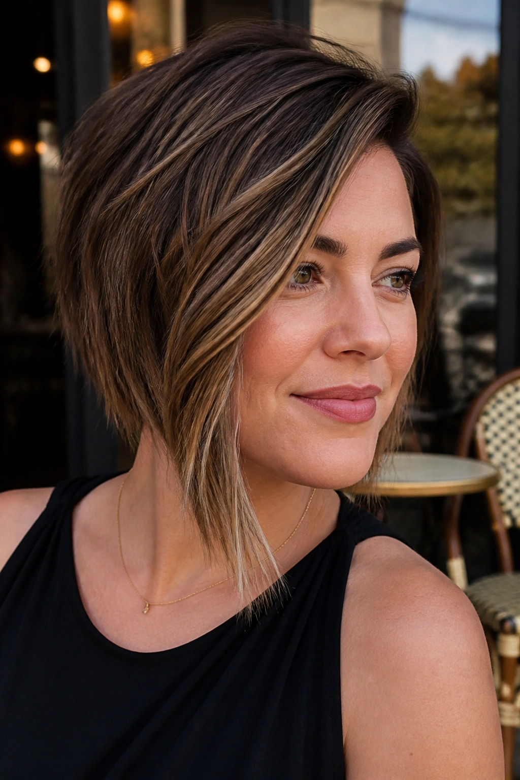 Close up of a real woman wearing an angled choppy bob with a longer front