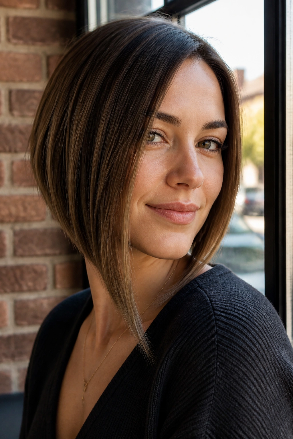 Portrait of a real woman with angled bob and longer front pieces in warm daylight.