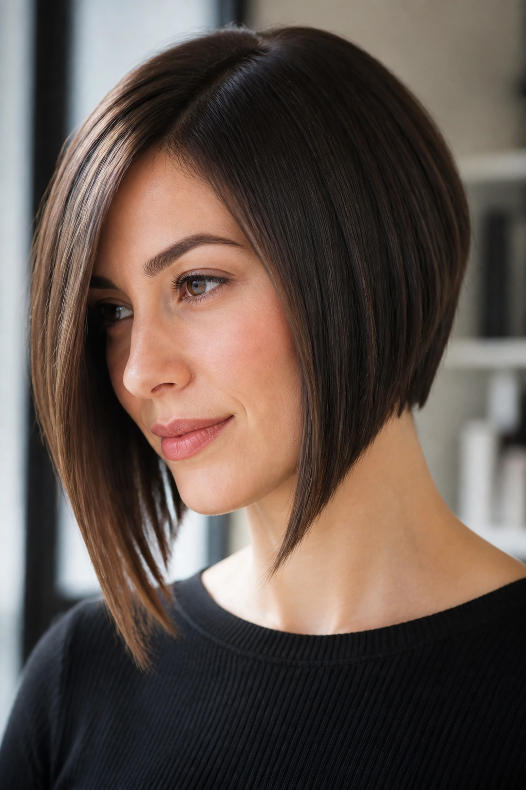 Portrait of a woman with an angled bob and longer front pieces.