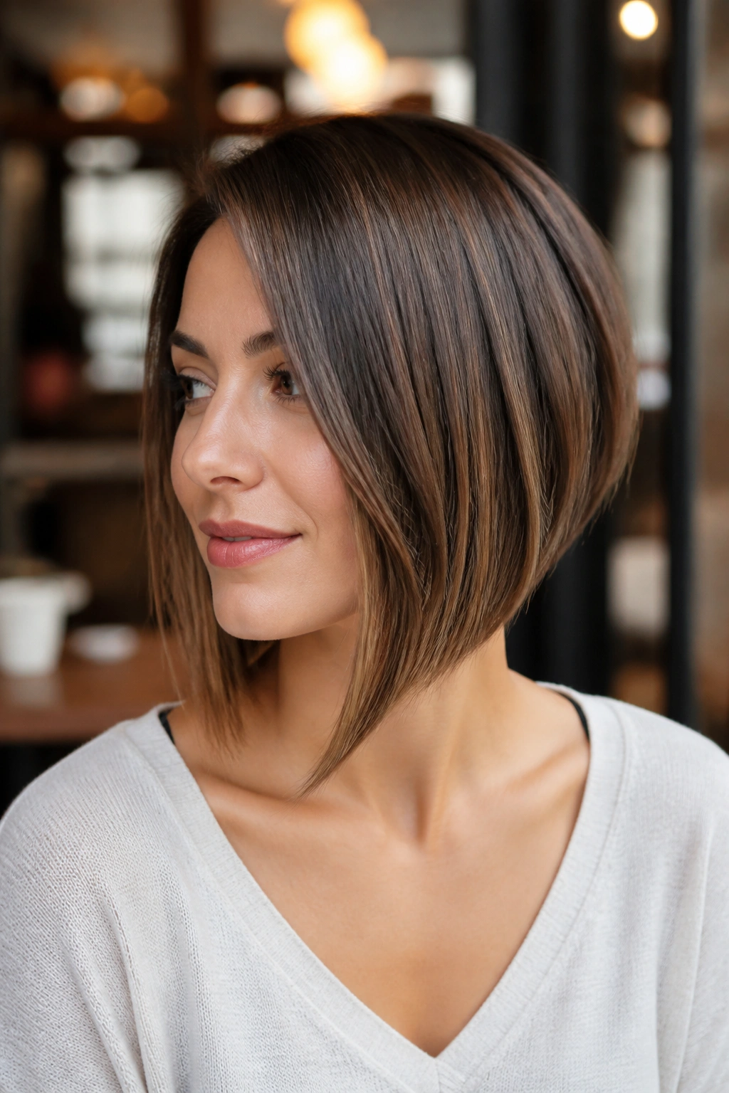 Portrait of a woman with an angled bob and longer front pieces.