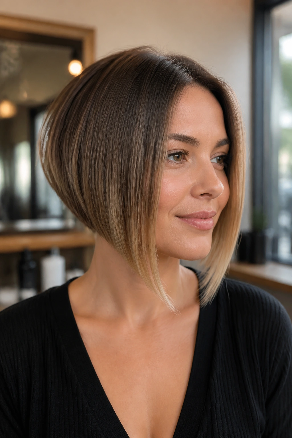 Close-up of a real woman with angled bob and longer front pieces