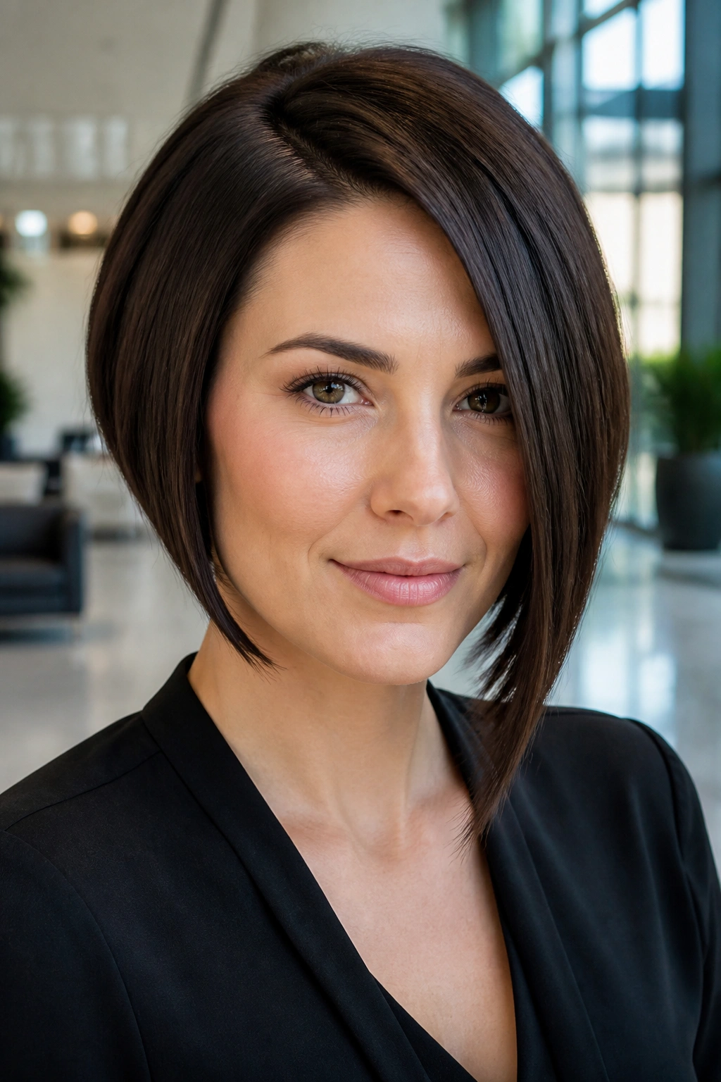 Real woman wearing an angled bob with longer front pieces in natural daylight