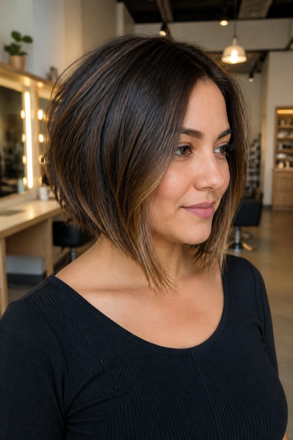 Portrait of a real woman with an angled bob showing longer front sections