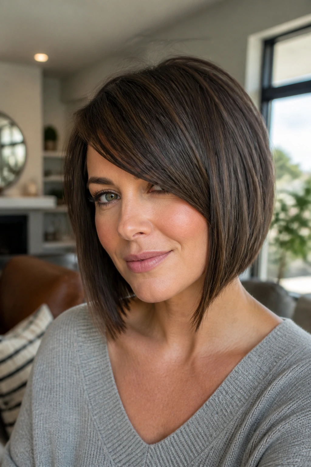 Real woman with angled bob and longer side bang