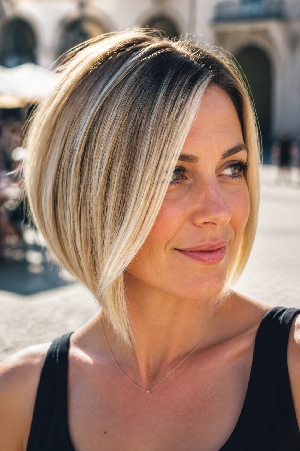 Close-up of a real woman with an angled bob and bright money pieces framing the face