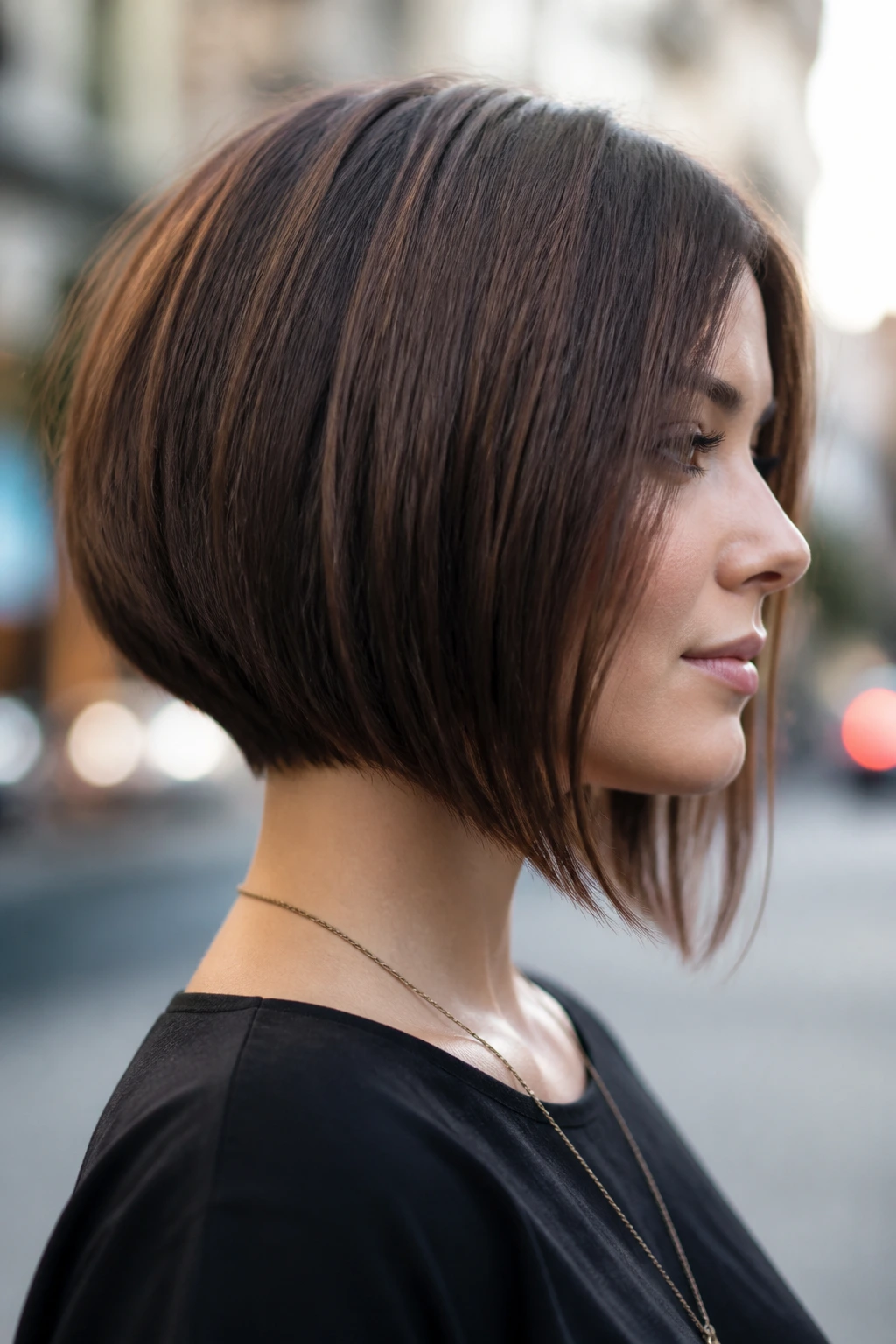 Close-up of a real woman with an angled bob from nape to chin.