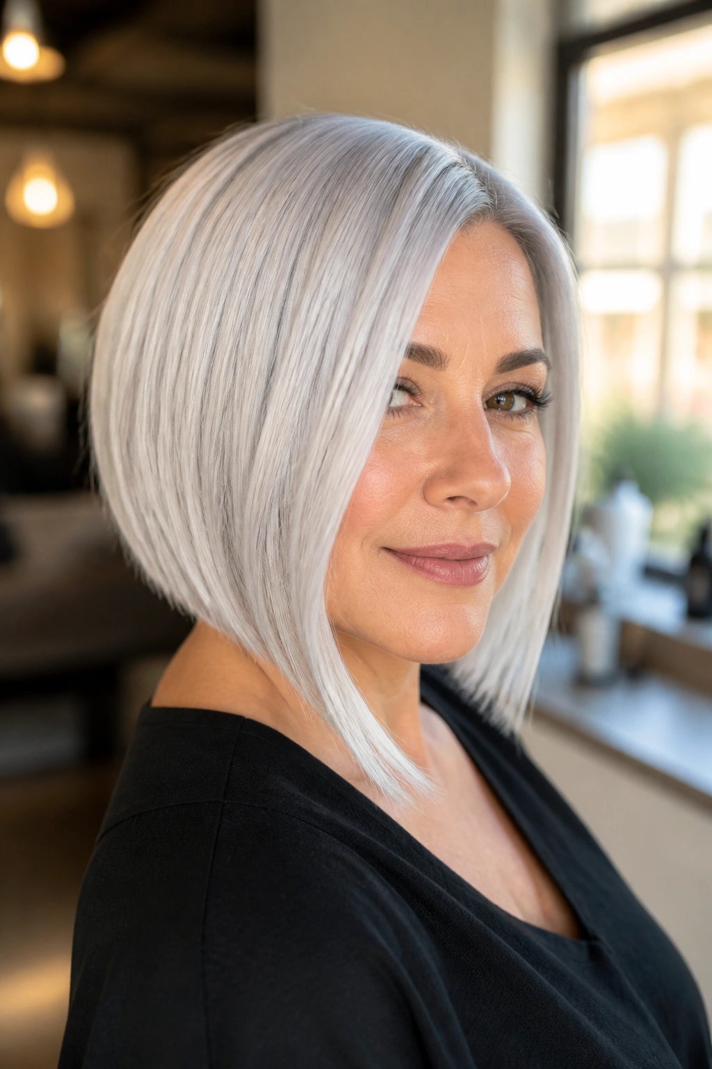Close-up portrait of a real woman with an angled platinum-silver bob in a sunlit salon