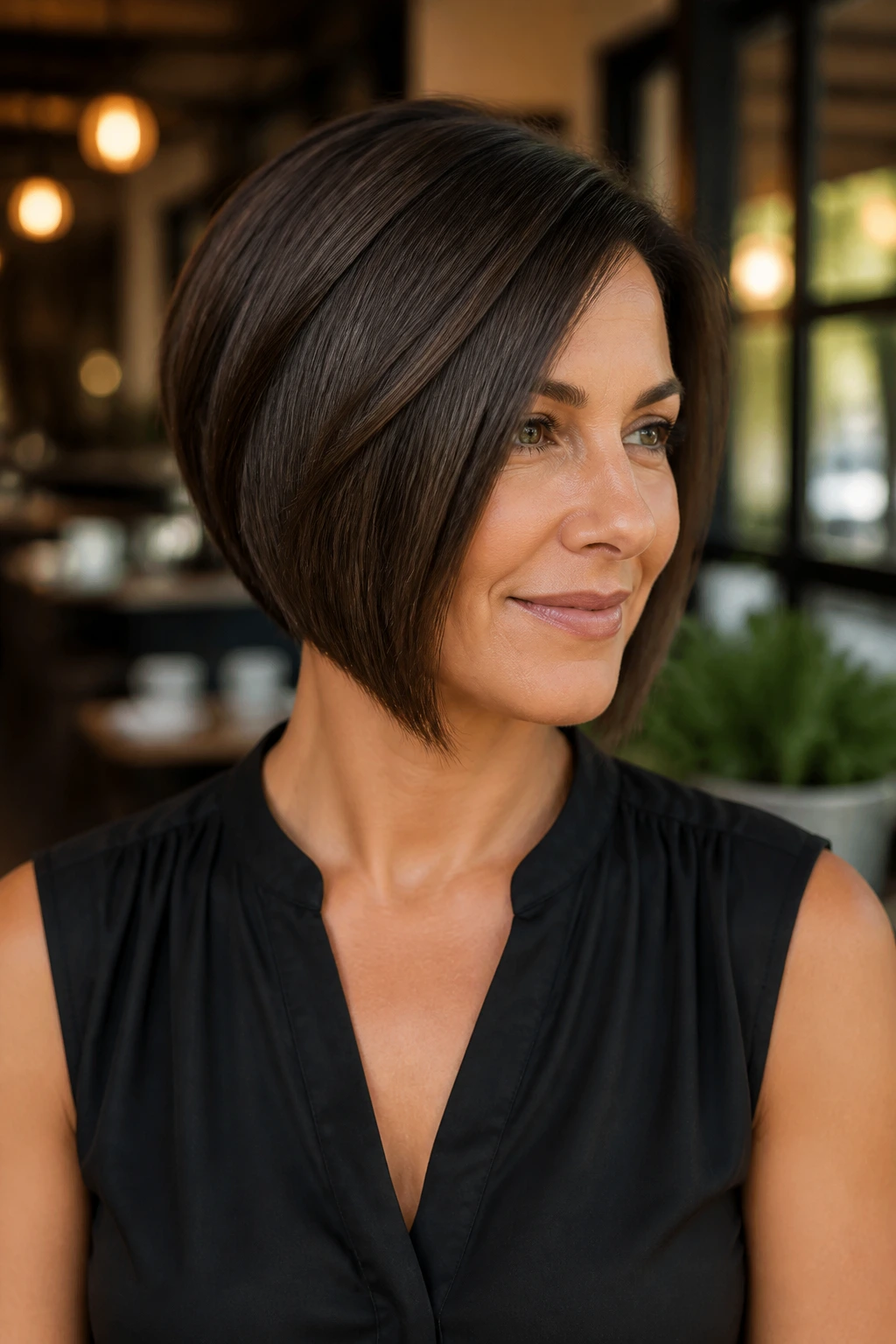 Close-up of a woman with an angled bob in a stylish cafe